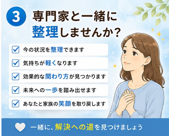 依存問題に悩む家族のお話を国家資格者がお聴きします 効果的な関わり方を共に考えます。心の整理もしましょう！ イメージ4