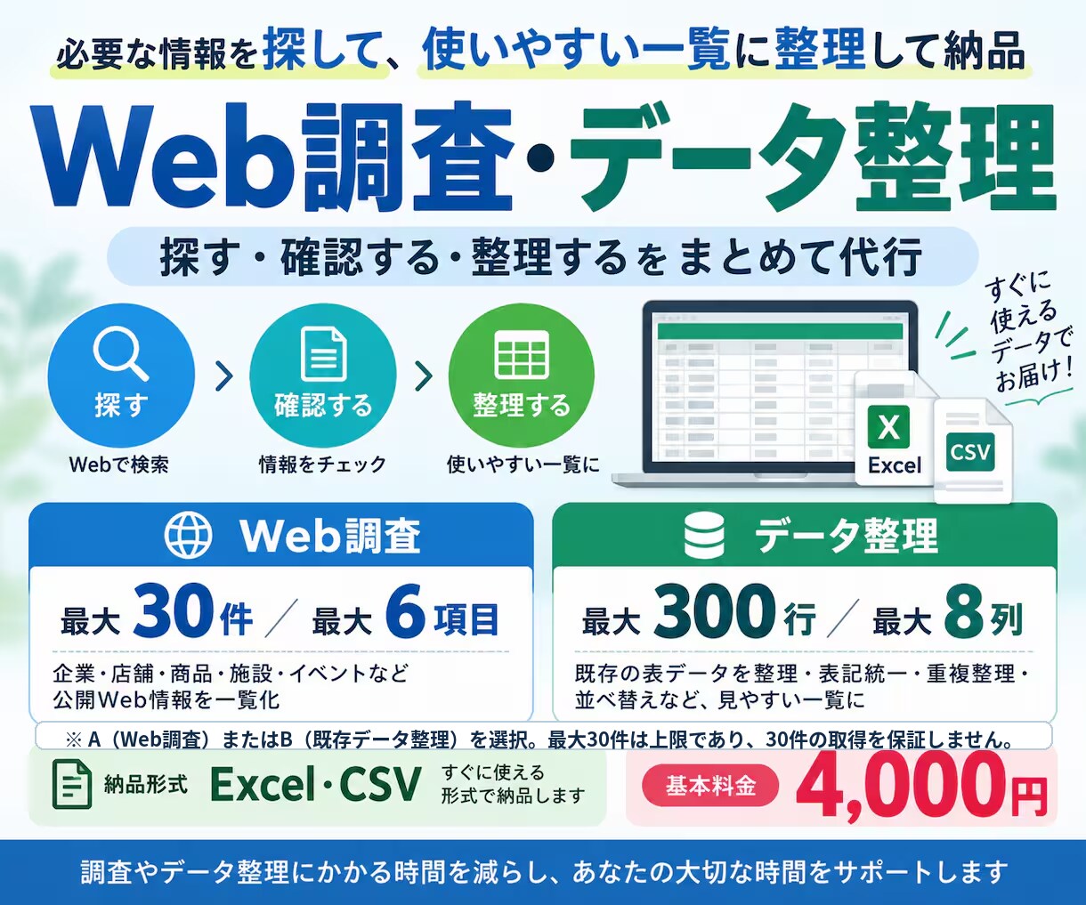 Web情報を調査しExcel・CSVに整理します 公開Web情報を最大30件×6項目、Excel・CSVで納品 イメージ1