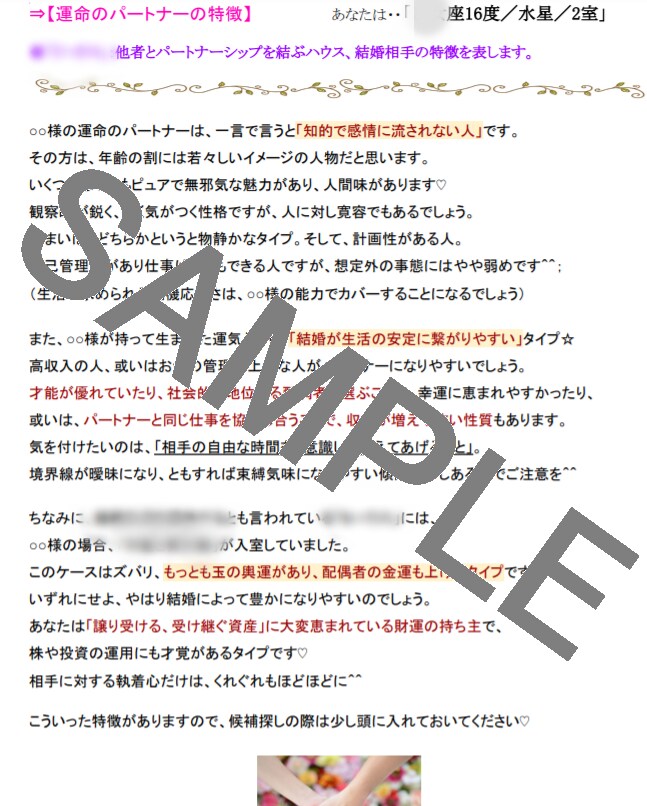 運命の人の特徴と傾向を占星術+タロットで占います 理想のお相手の特徴、時期やアドバイスを伝えるオリジナル鑑定書 イメージ2