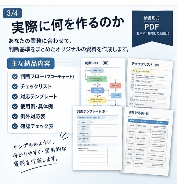 スタッフの「これどうしますか？」を減らします スタッフが迷わず判断できるルールを、業務に合わせて整理します イメージ3