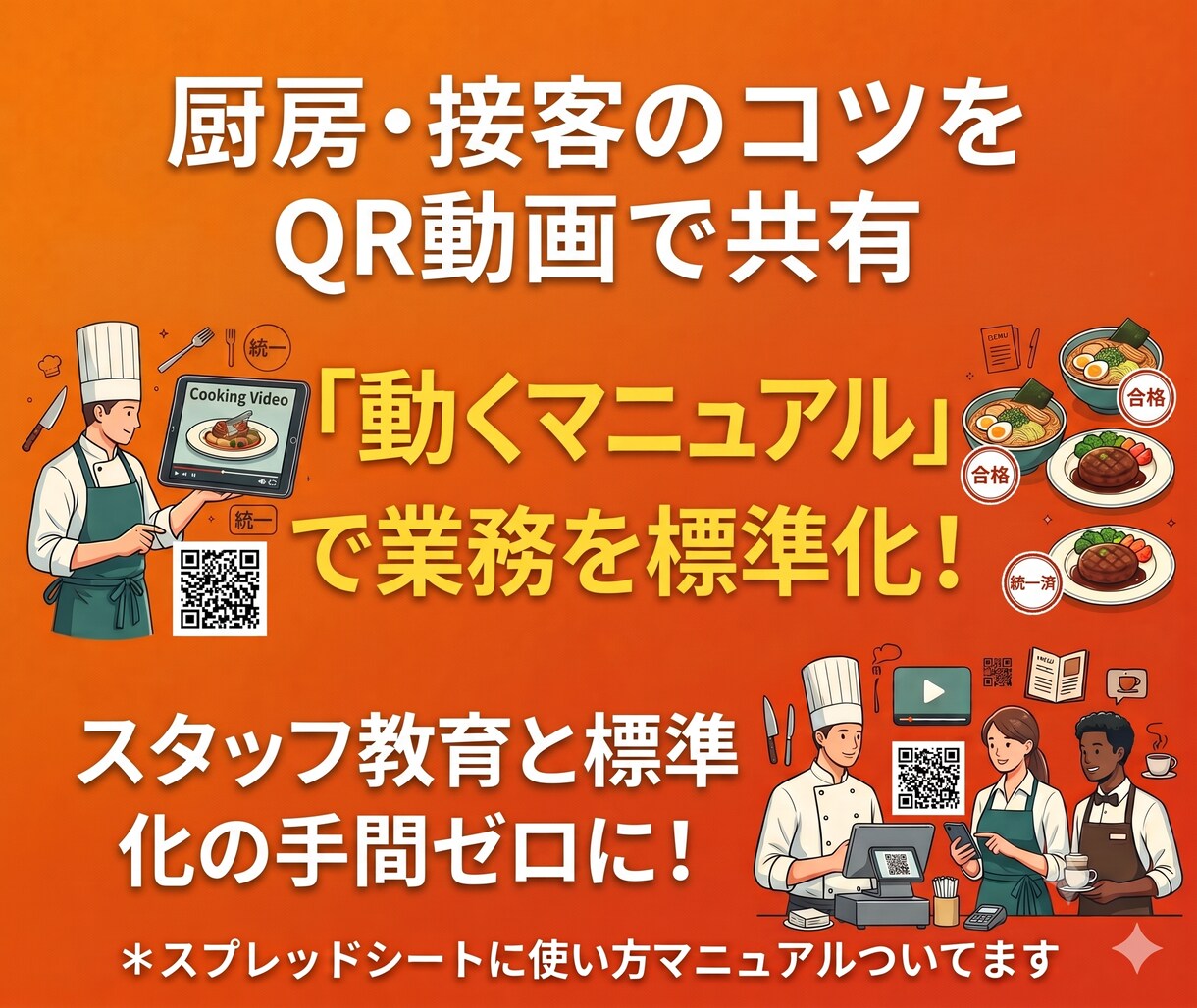 飲食店での仕事　QR動画化！最強ライブラリにします 厨房、接客、レジ等　教える手間を減らせます イメージ1