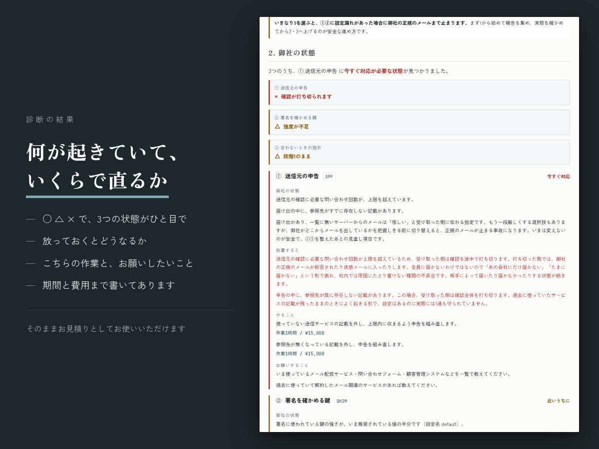 独自ドメインのメールが届かない原因を診断します 設定の前に、原因を先に特定し、報告します。 イメージ1