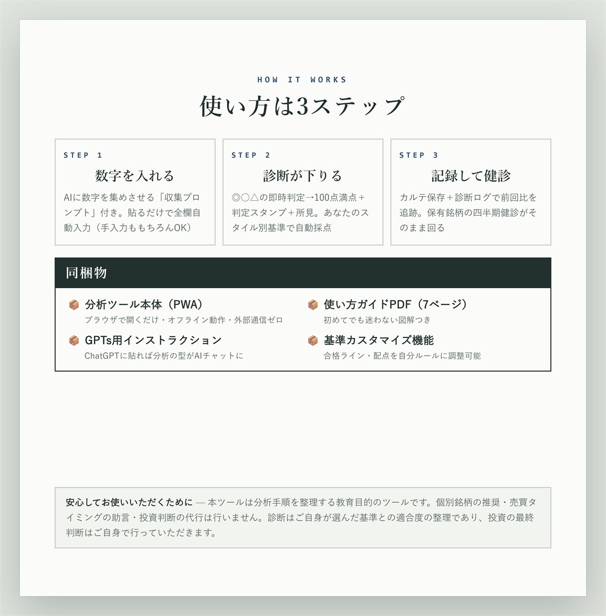 株の銘柄分析が型になる診断ツール渡します 見る順番を固定するだけで、銘柄分析に結論が出せるようになる イメージ4
