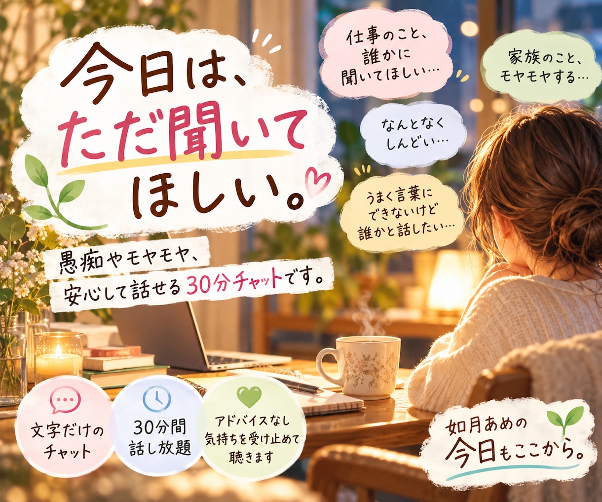 愚痴やモヤモヤを30分チャットでお聴きします 電話なし・文字だけ。アドバイスせず、気持ちを受け止めます。 イメージ2