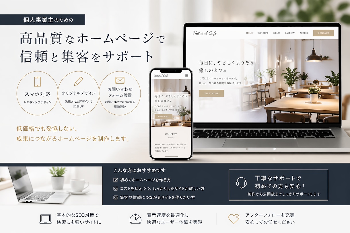 個人事業主向け！低価格で高品質なHP制作します 初めてでも安心。丁寧にサポートします。 イメージ1