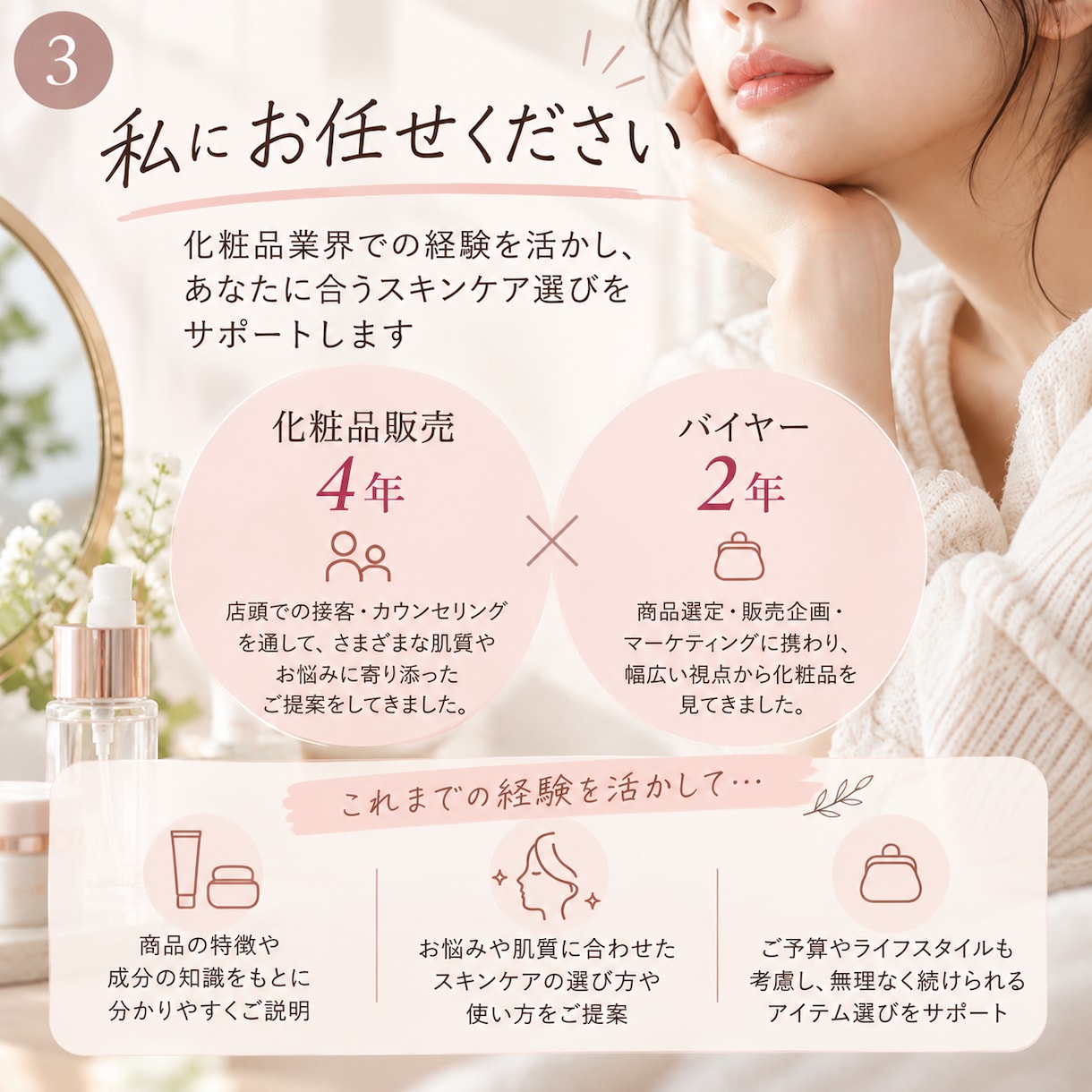 あなたに合うスキンケア選びをお手伝いします 「化粧品業界6年の経験でスキンケア選びをサポート イメージ3