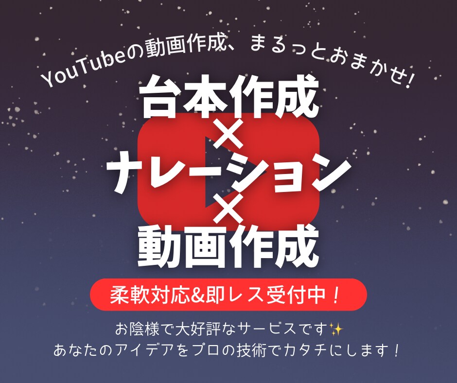 台本作成×ナレーション×動画作成、まとめて承ります お陰様で大好評！YouTube動画の作成はまるっとおまかせ！ イメージ1