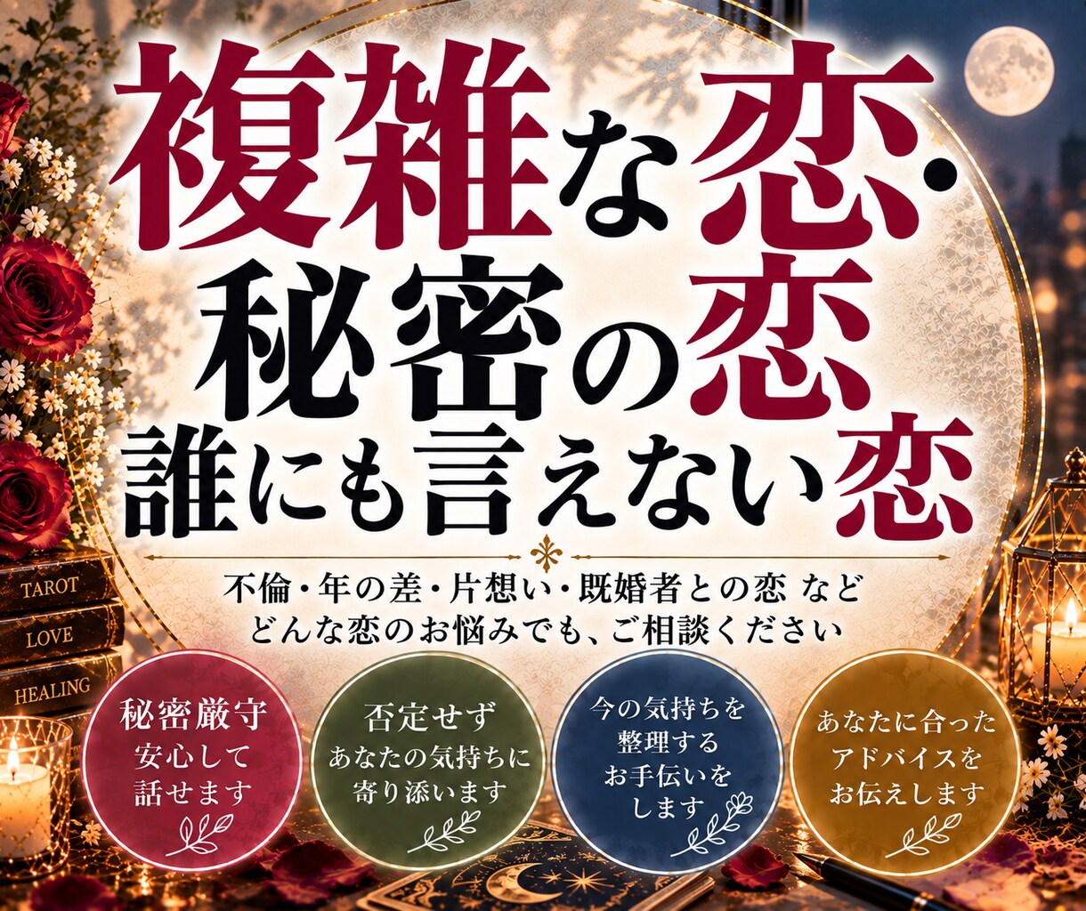 複雑な恋や秘密の恋、誰にも言えない恋の行方占います 複雑な恋や秘密の恋などの悩み、相手の気持ちや相性、2人の未来 イメージ1