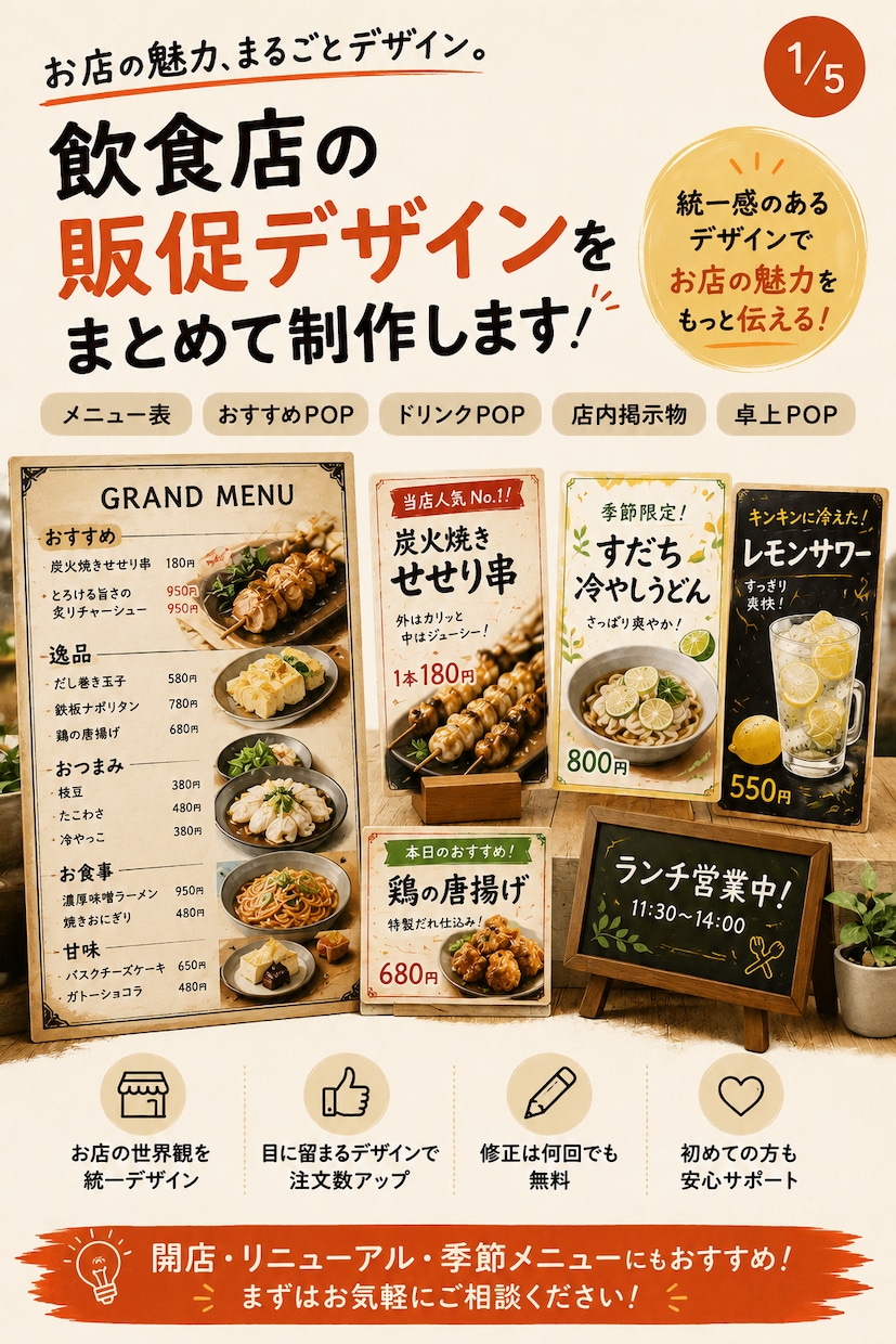 メニュー・POPをまとめてデザインいたします 統一感のあるデザインで、お店の魅力をもっと伝える。 イメージ1
