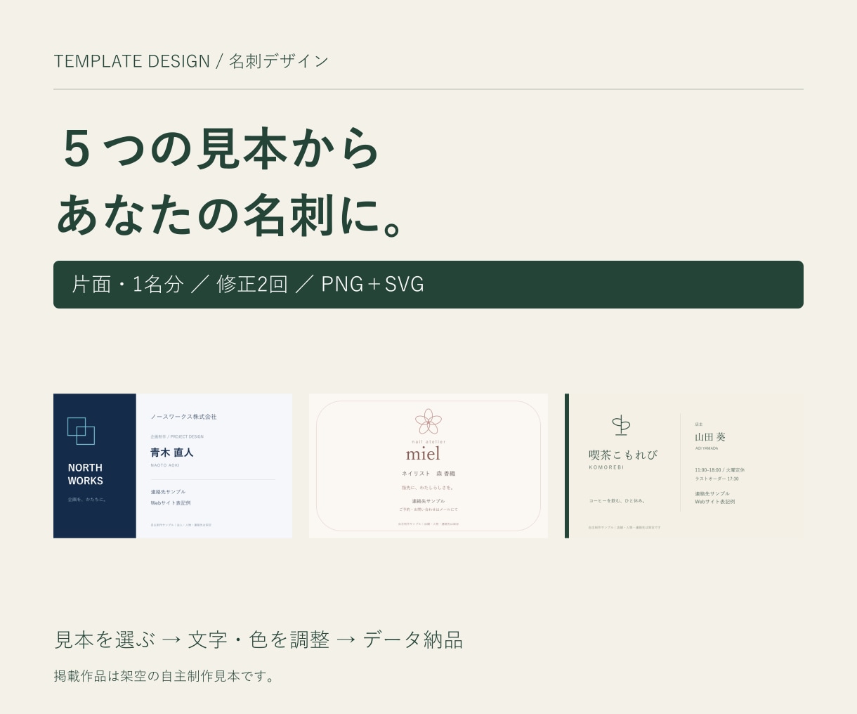 ５つの見本から選べる片面名刺を作ります 文字と色を整えて、あなたの名刺に仕上げます イメージ1