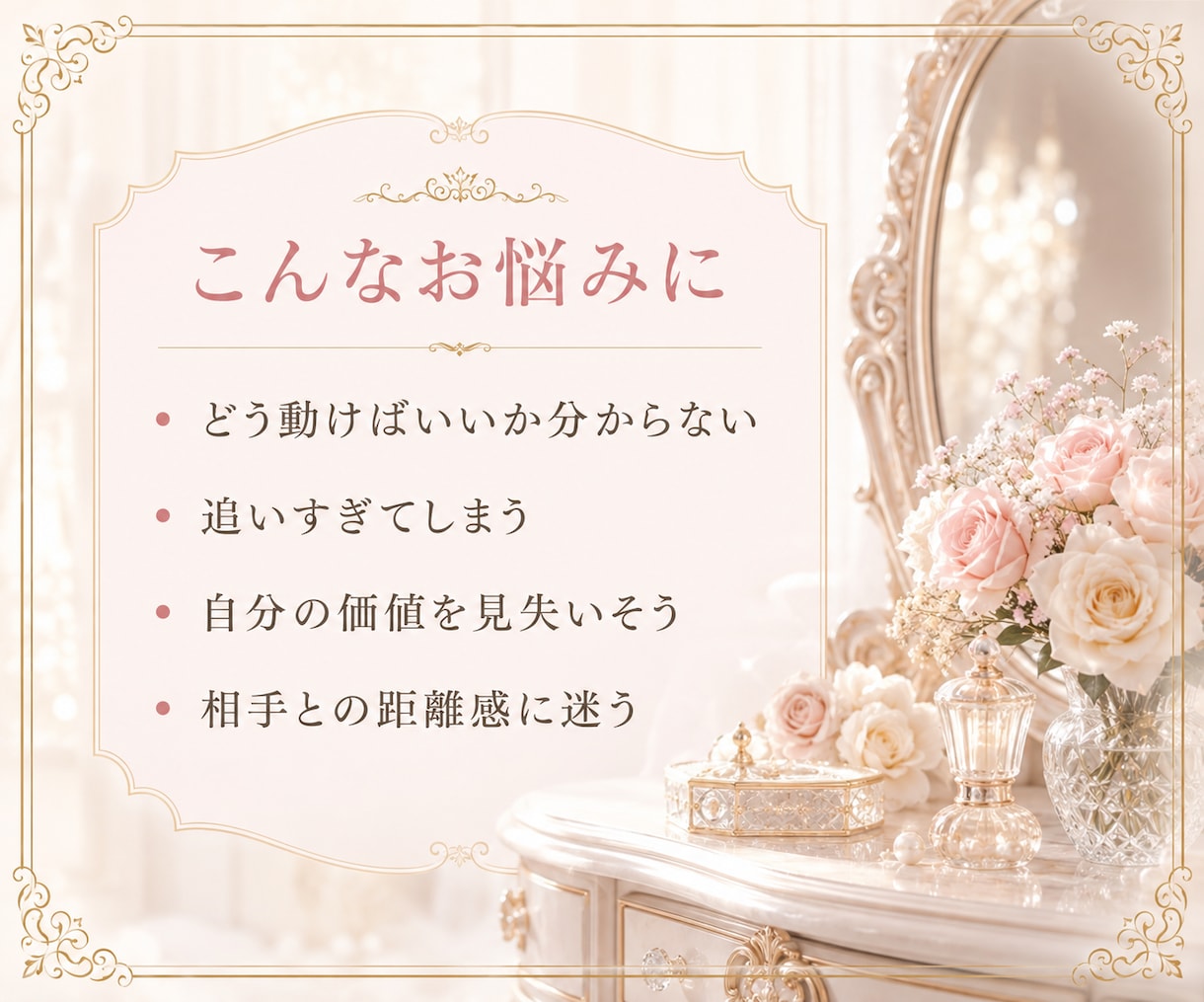 初回限定❤︎1日だけ有名人との恋の相談に乗ります 友人に話せない恋を、現実的な距離感と品のある行動へ整理します イメージ6