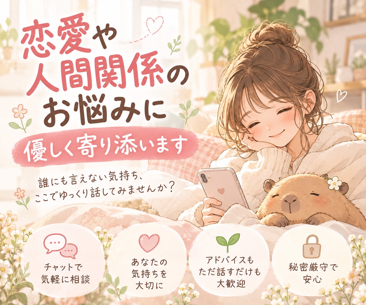 恋愛や人間関係のお悩みに優しく寄り添います 誰にも言えない気持ち、ここでゆっくり話してみませんか？ イメージ1