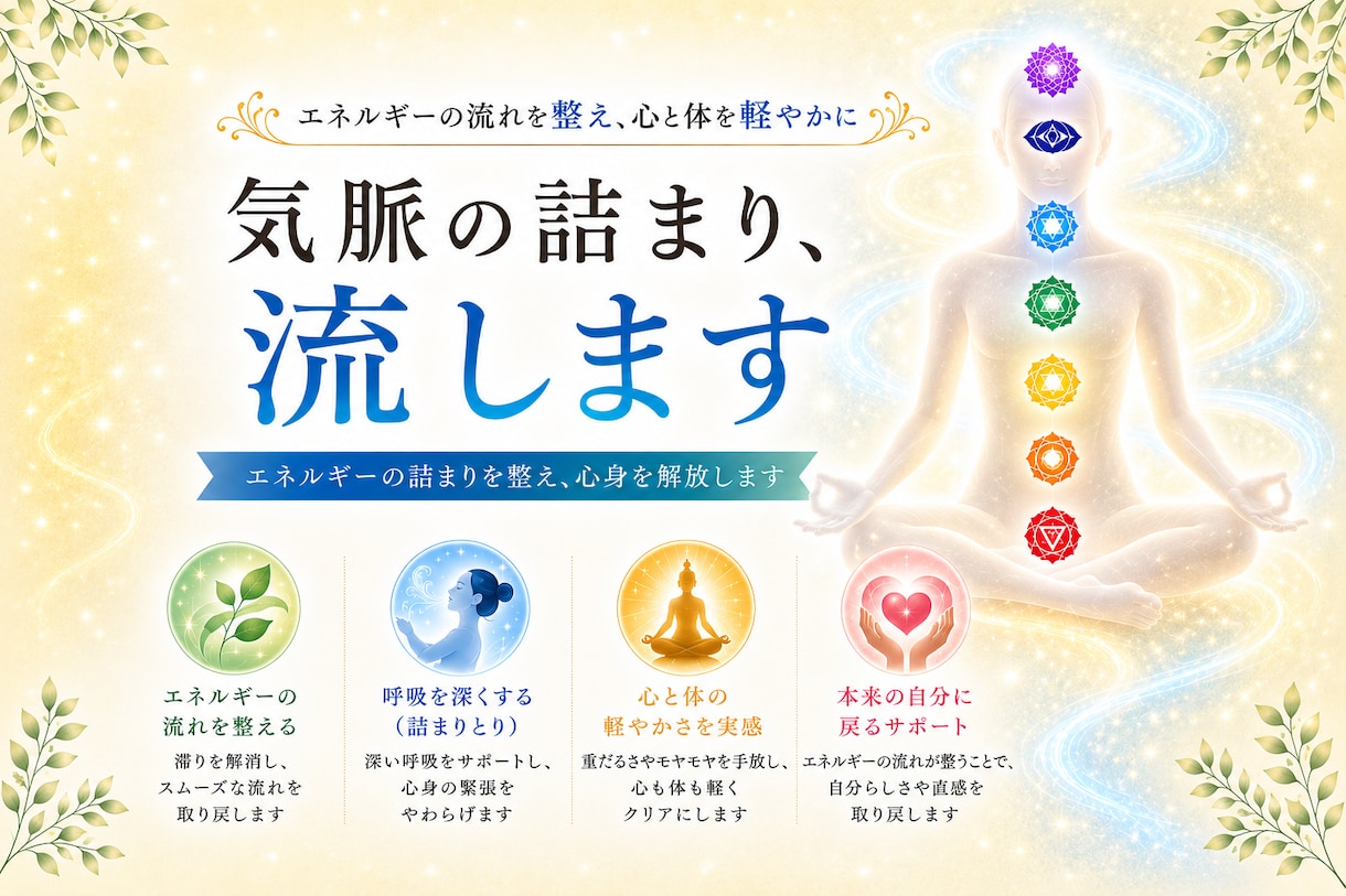 気功により気脈の詰まりを流します メンタルブロック掃除☆全チャクラ活性しながら経絡の詰まり取り イメージ1