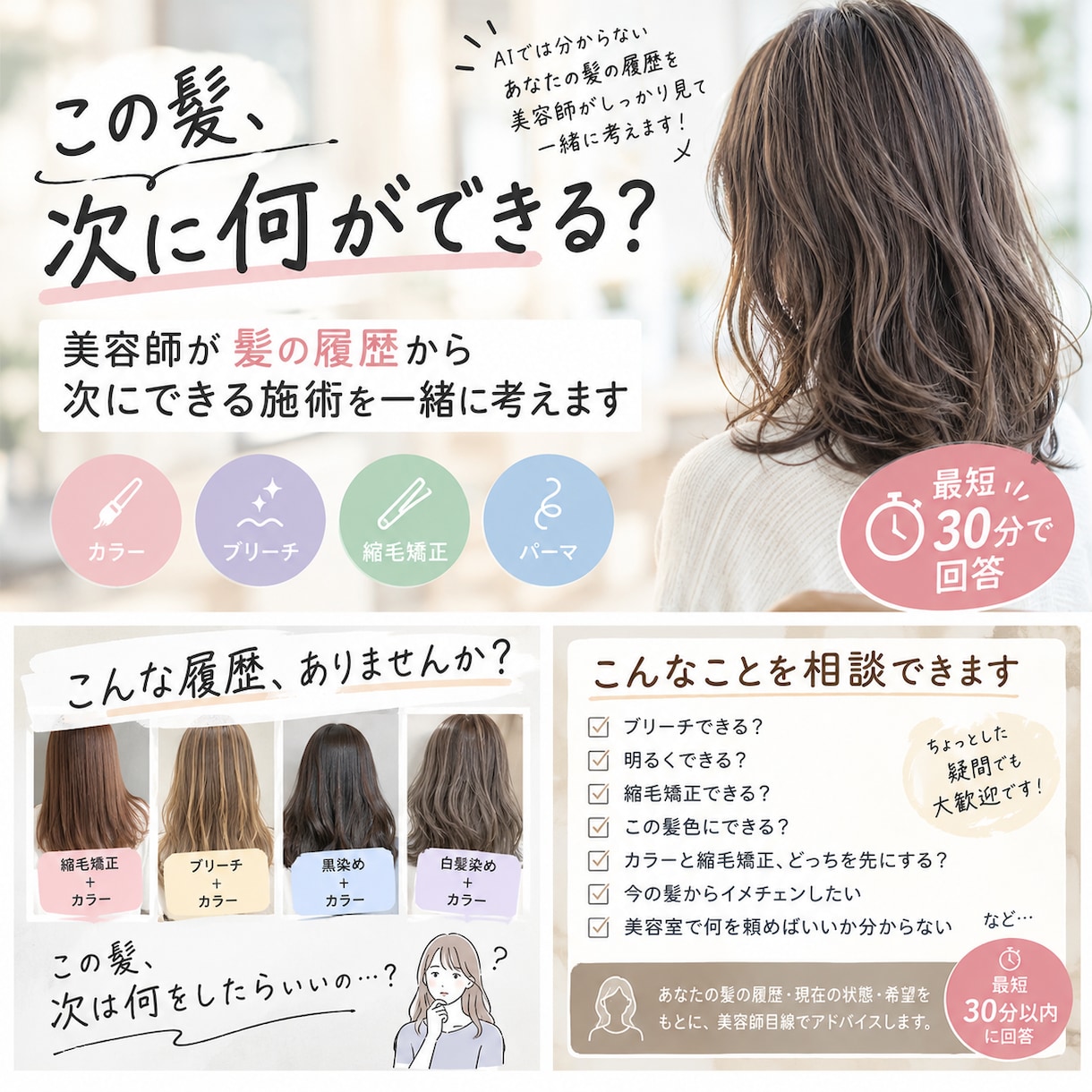 美容師が髪の履歴から次にできる施術を一緒に考えます 【相談】縮毛矯正・ブリーチ・カラー履歴から次の施術を考えます イメージ1