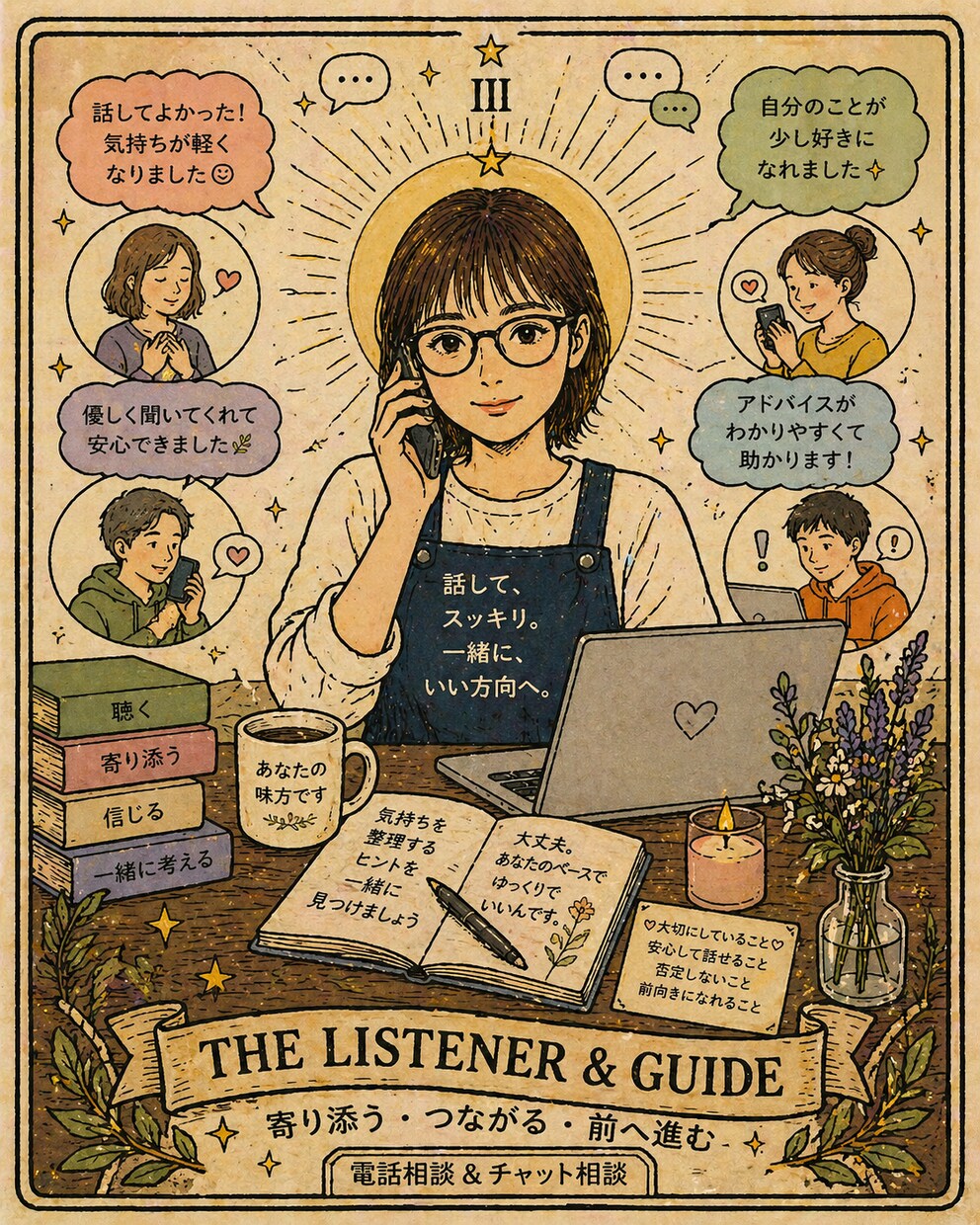 24時間以内返信 あなたの悩みを丁寧にお聴きします 気軽な悩み相談から、深い心のモヤモヤまで。 イメージ1