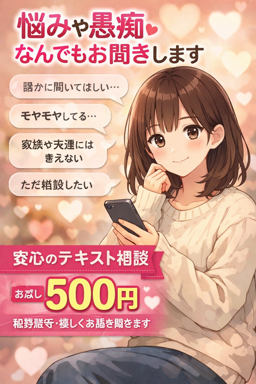 誰にも言えない悩み聞きます 顔出し声出しなしで気軽に相談OK イメージ1