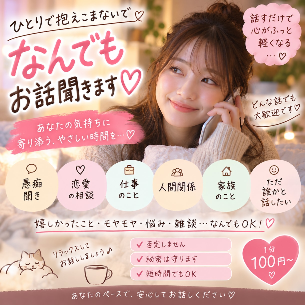 愚痴・恋愛・人間関係♡なんでも気軽にお話聞きます 友達には言えないこともOK◎ なんでもお話聞きます☺️ イメージ1