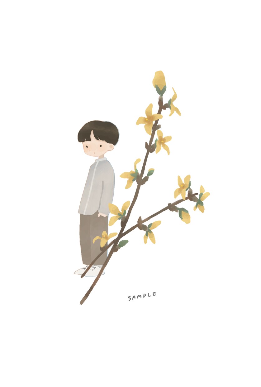 お花を添えた似顔絵を絵本タッチでお描きします 好きな花や誕生花を添えて特別なプレゼントにも。 イメージ3