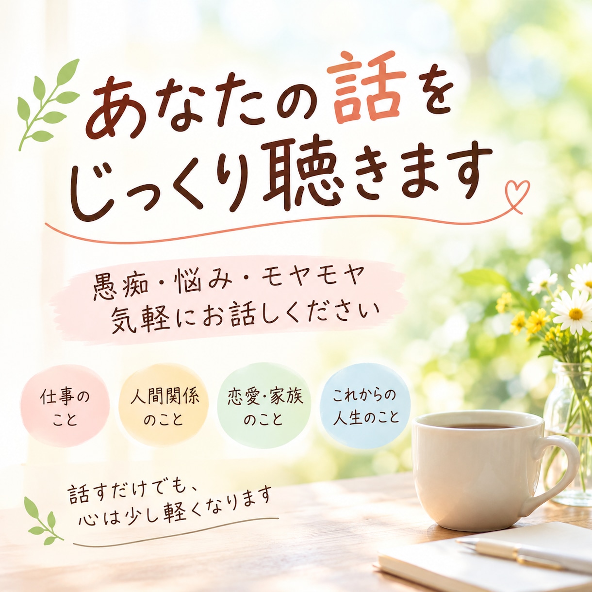あなたの話をじっくり聴きます 愚痴・悩み・モヤモヤ何でもどうぞ イメージ1