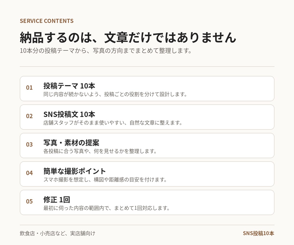 店舗向けSNS投稿文を10本作成します 飲食店・小売店向け｜投稿ネタ・文章・写真案までまとめます イメージ2
