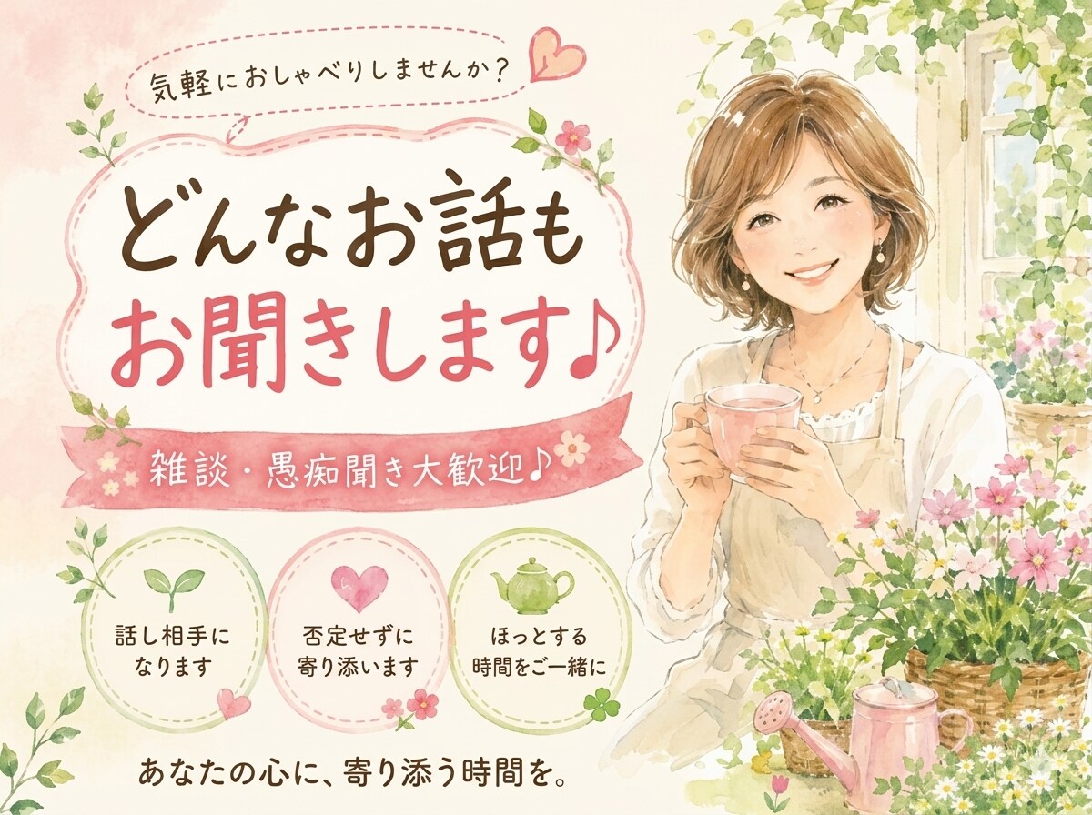 どんなお話も優しくお聞きします 雑談・愚痴聞き・悩み相談♪お気軽にどうぞ イメージ1