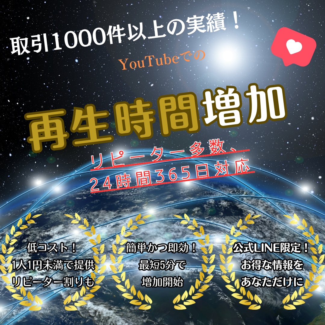 YouTube 再生時間＋1000時間拡散します ユーチューブ収益化のために必要な視聴時間を獲得しよう！ イメージ1