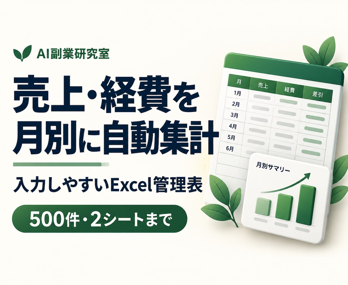 個人事業のExcel売上・経費管理表を作ります 500件まで｜日々の記録から月別の売上と経費を集計 イメージ1