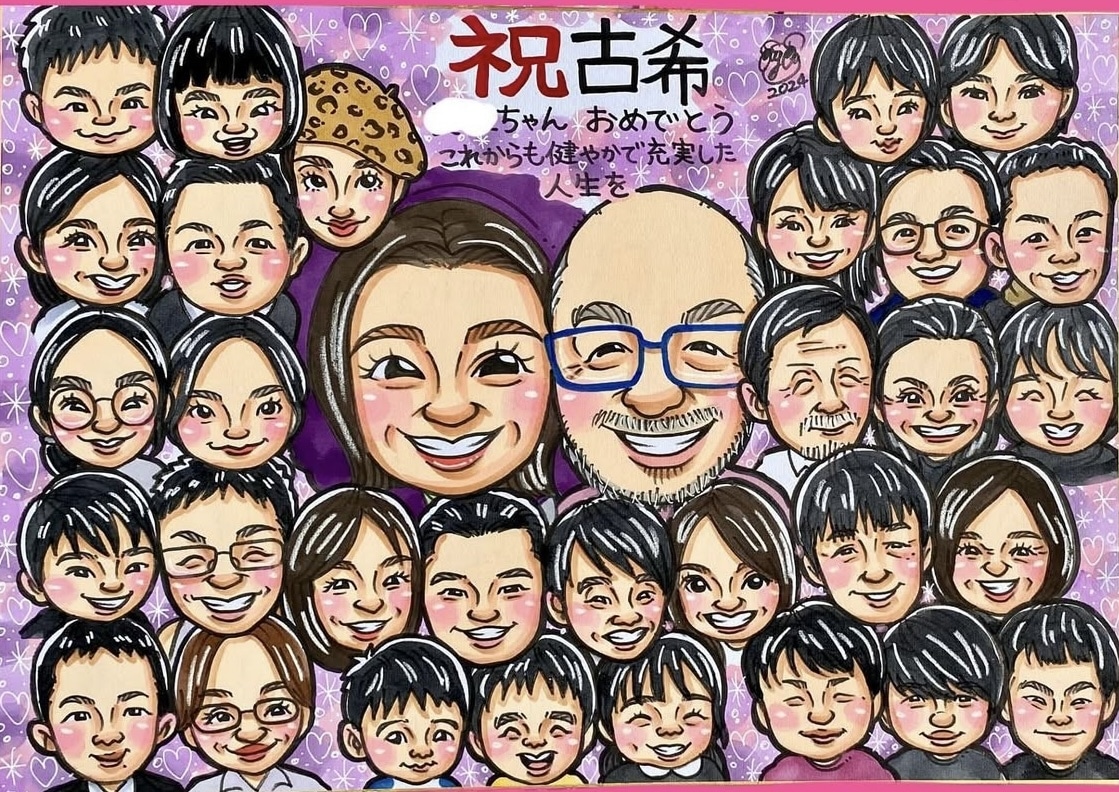 最短翌日発送★派手可愛似顔絵（額付）をお描きします 水彩画のキラキラ背景のカラフルで可愛い似顔絵です^ ^ イメージ2