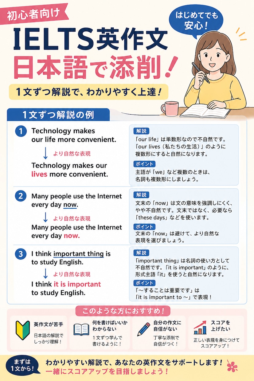IELTS初心者の英作文を日本語で添削します 1文ずつ日本語で丁寧に解説します イメージ2