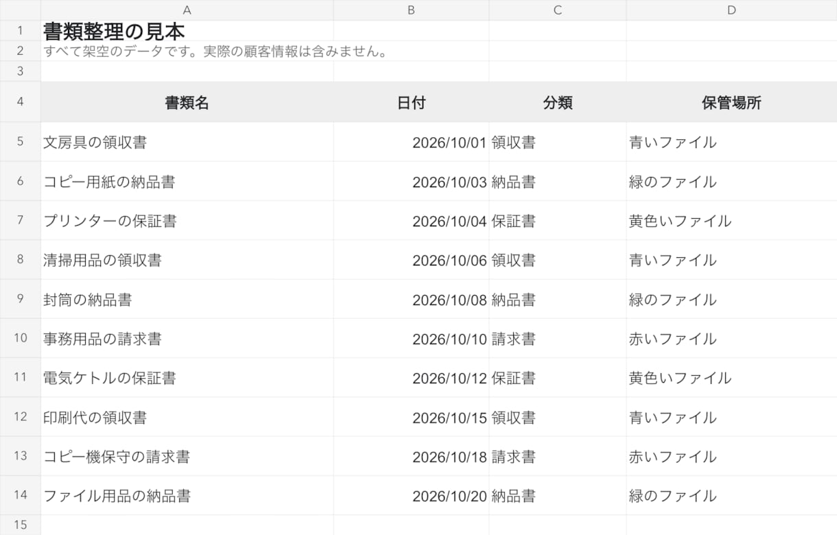 書類を分類して探しやすい一覧表を作ります 種類・日付・保管場所を整理。必要な書類を探しやすく イメージ2