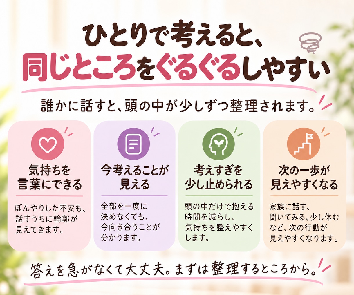 誰にも話せない悩みを元看護師がお聴きします 家族・親・介護・仕事・人間関係｜まとまっていなくても大丈夫 イメージ3