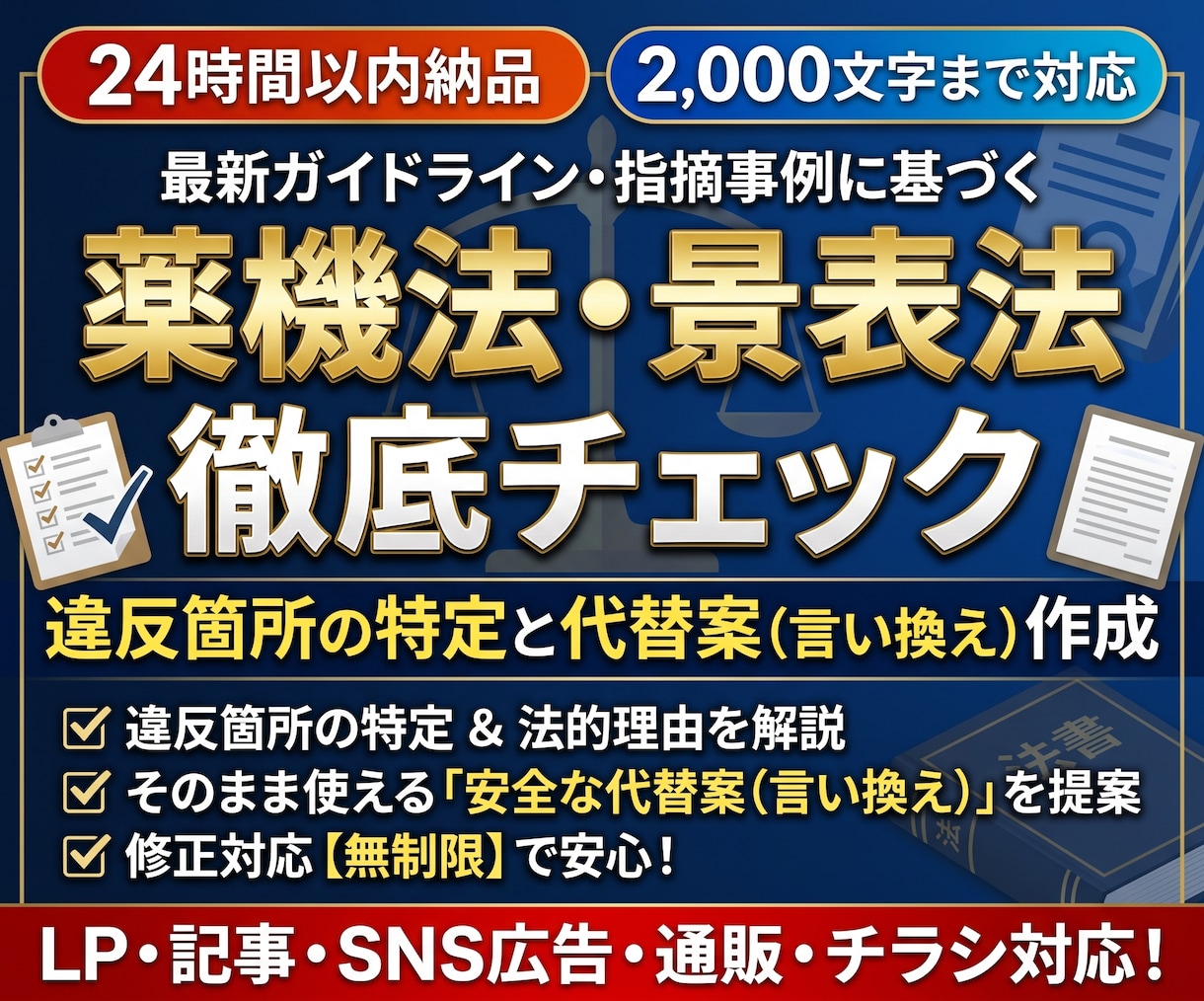 広告やLPの薬機法・景表法を即時チェックします 独自システムでNG箇所を徹底分析！法的理由と安全な修正案提示 イメージ1