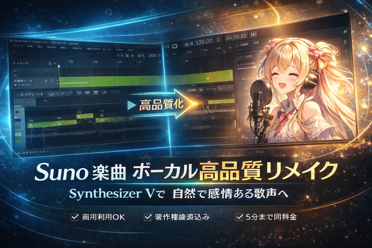 AI楽曲をSynthV2でボーカルリメイクします 著作権譲渡！商用利用可。AI楽曲をシンセで歌い直します。 イメージ1