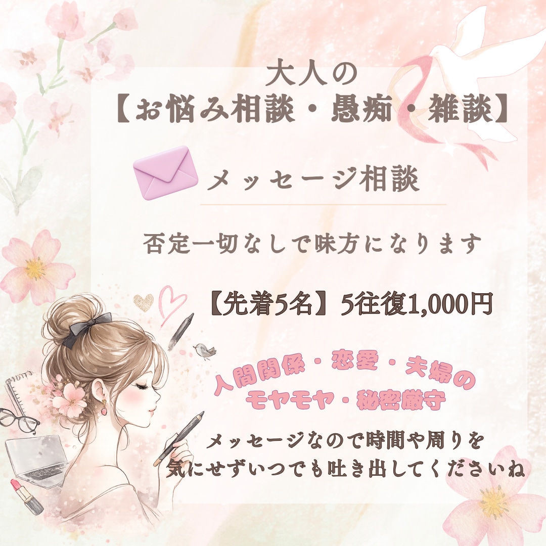 大人のお悩み・愚痴メッセージ相談・味方になります モヤモヤ・誰にも言えない秘密24時間以内に丁寧にお返事します イメージ1