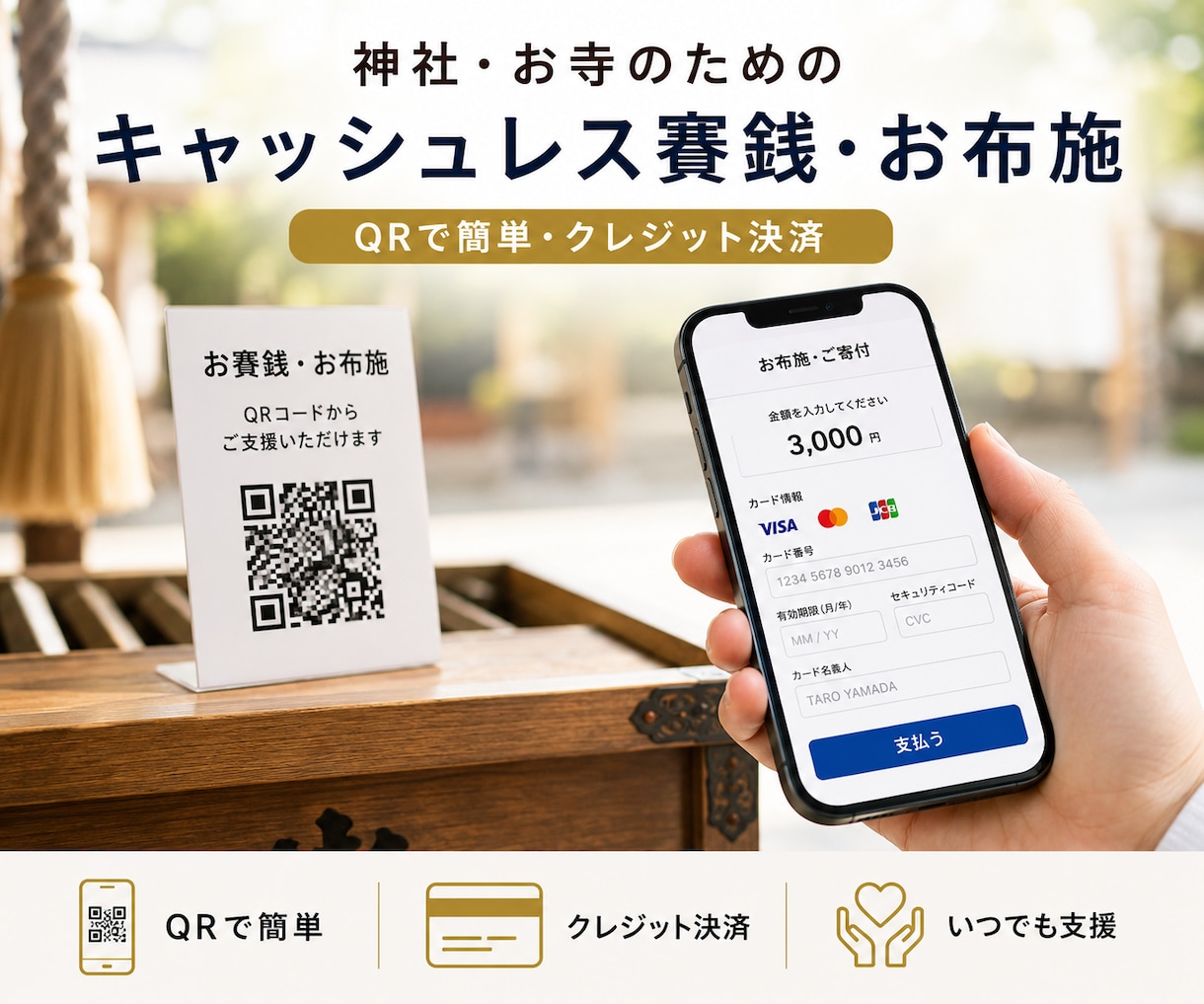 お寺・神社にキャッシュレス賽銭導入します 神社・仏閣・お寺のお賽銭にQRコード決済を導入します イメージ1