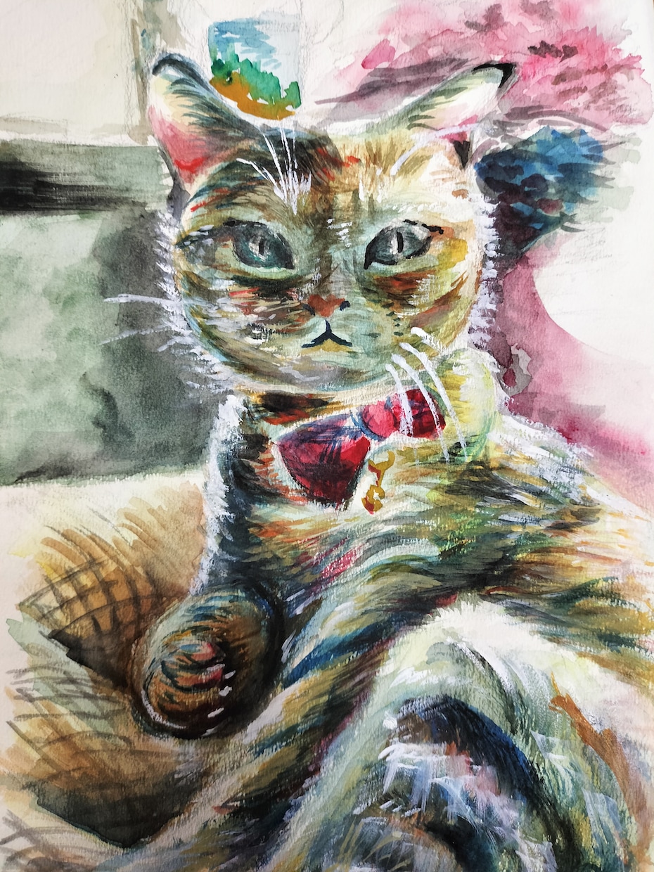 猫ちゃんをクレヨン、色鉛筆、水彩絵の具で描きます 雰囲気に合せた画材を使いA4の紙に描き額に入れて郵送します イメージ3
