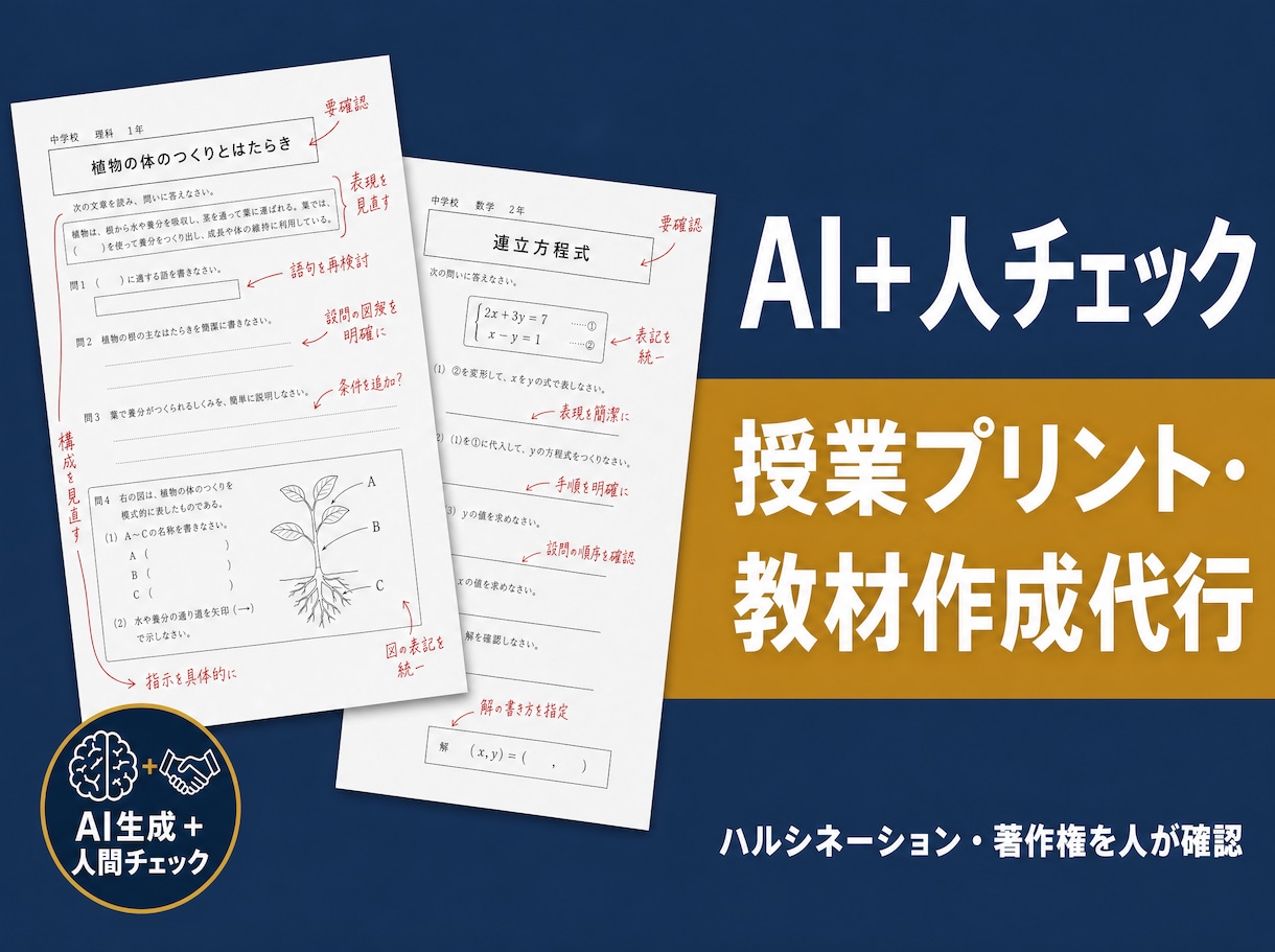 授業プリント・教材をAI＋人チェックで作成します ハルシネーション・著作権を人間が確認して納品 イメージ1