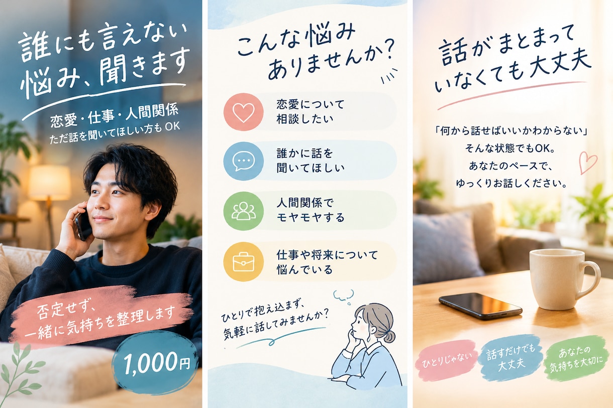 誰にも言えない悩みや恋愛の話を聞きます 否定せず、あなたの気持ちを一緒に整理します イメージ1