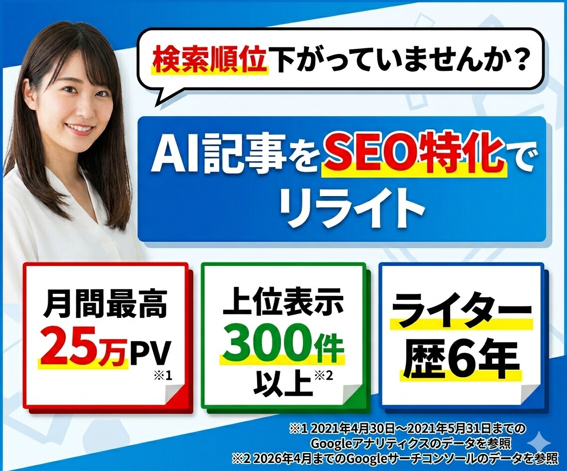 AI記事を勝てる記事へ！SEO改善リライトします 月間25万PV※1・上位表示500件以上※2のライターが担当 イメージ1