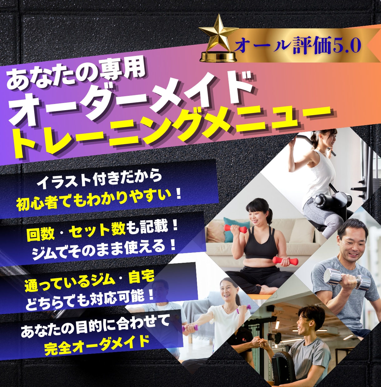 オール☆5評価！あなた専用筋トレメニュー作成します ジム・自宅どちらも対応◎目的別の完全オーダーメイドメニュー！ イメージ1