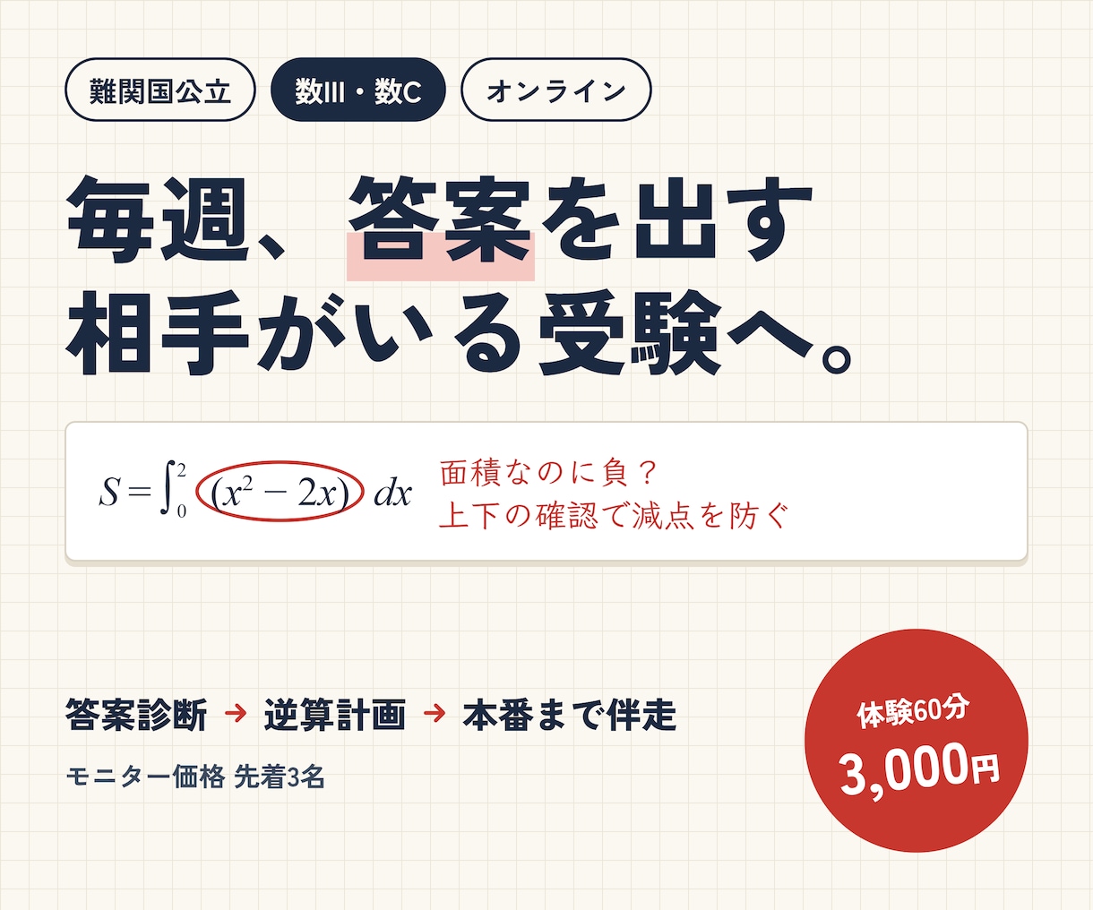 国公立の数IIIC｜答案診断から本番まで伴走します 解けたつもりの答案を、点が取れる答案に。 イメージ1