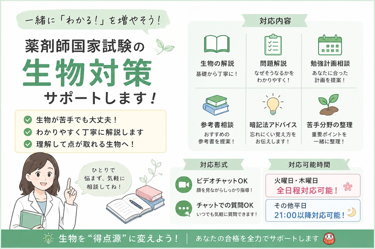 生物が苦手な薬学生さん機序から一緒に考えます CBT〜国試まで幅広く対応可能 イメージ1