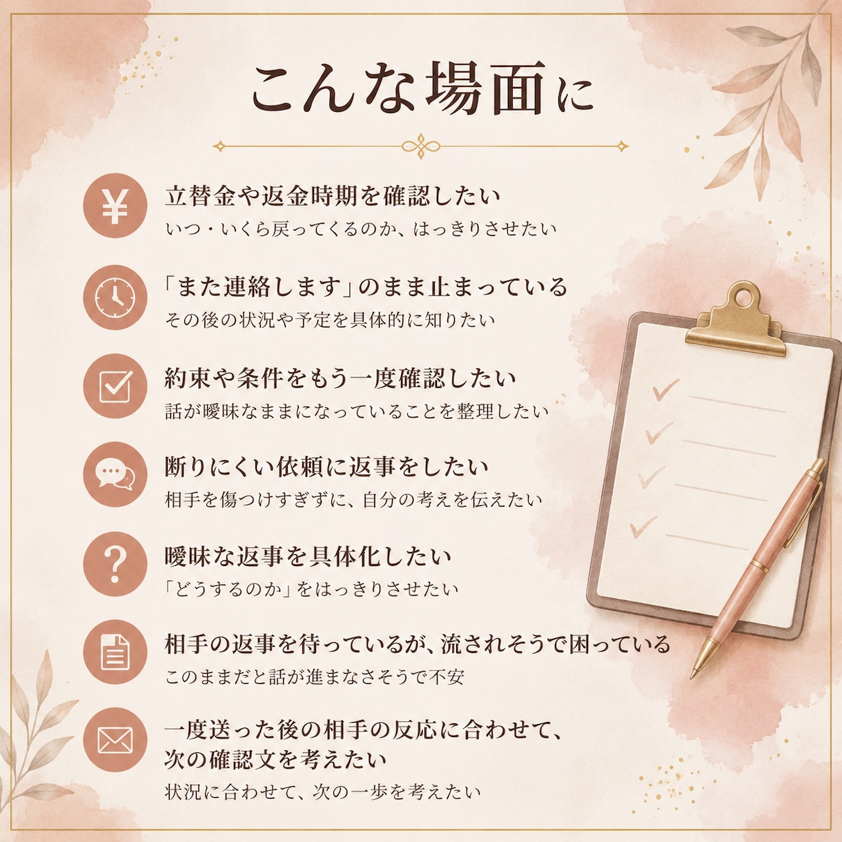 強く言いすぎず、でも引かない確認文を作ります 必要な返事を引き出し、次に進むための確認文を整えます。 イメージ2