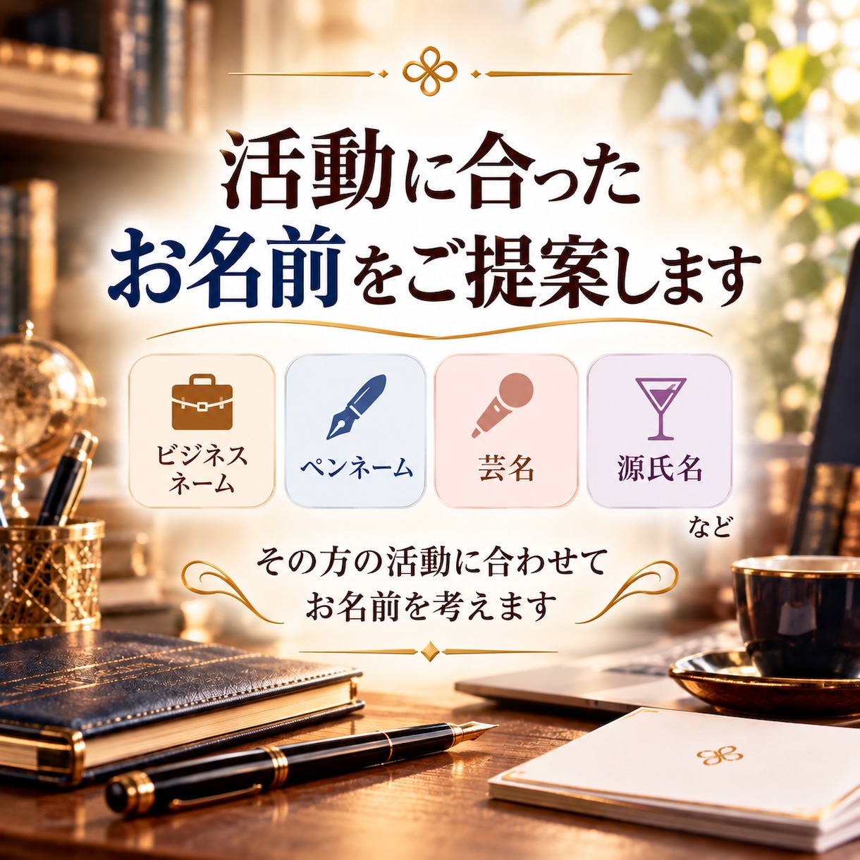 姓名判断で素敵なビジネスネームをご提案しますます 仕事運・金運も考慮☆ペンネーム・芸名・源氏名など幅広く対応 イメージ2