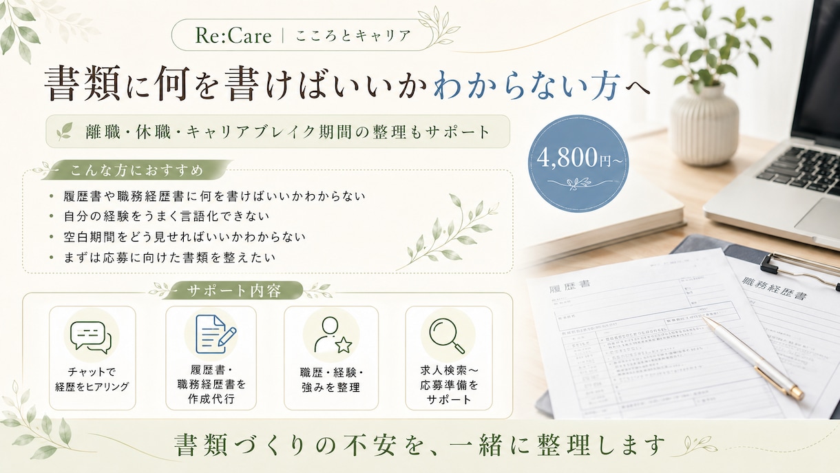 内容が整理された履歴書・職務経歴書を作成します 採用・キャリア支援会社代表が応募のための書類を丁寧に整えます イメージ2
