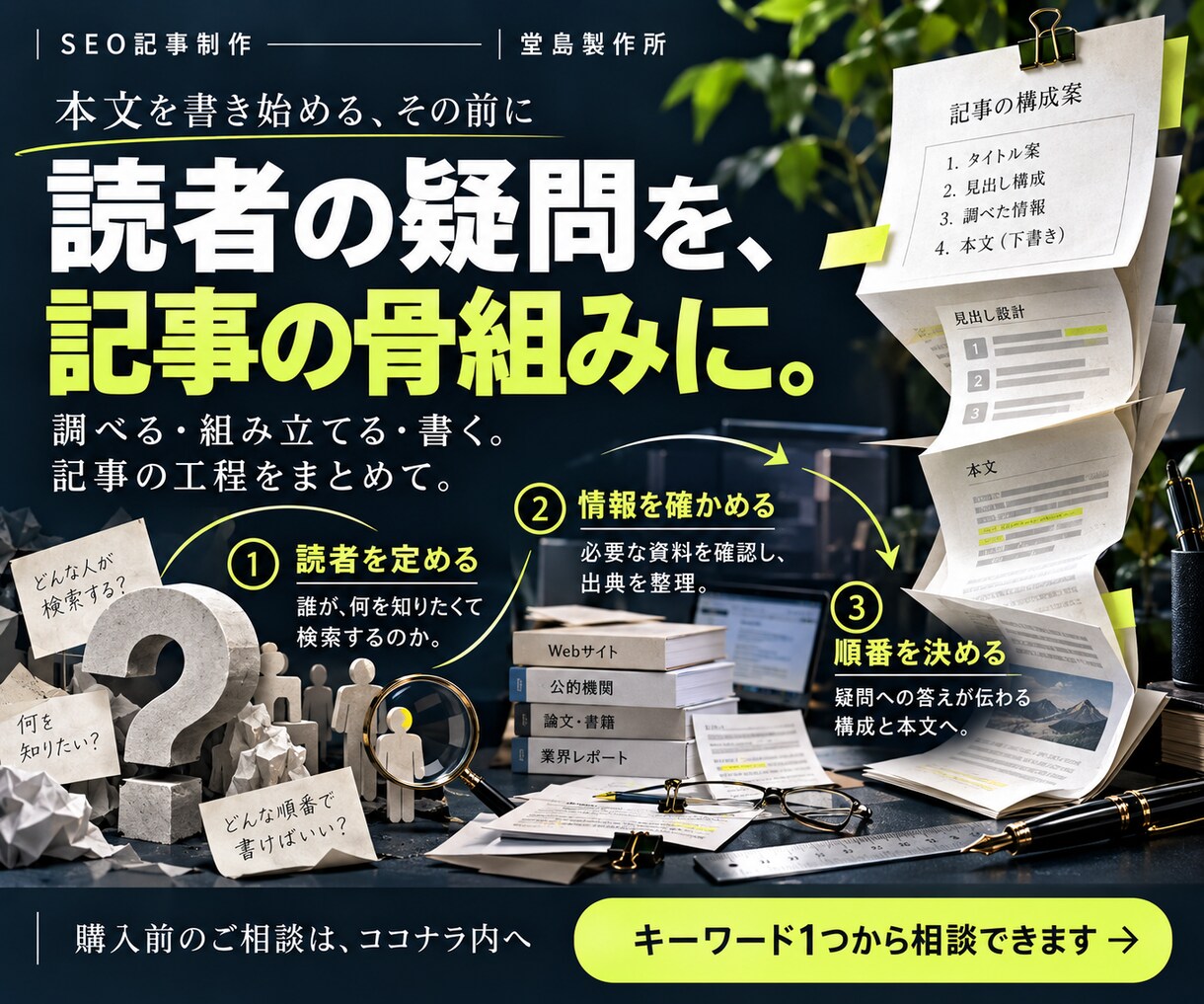 SEO記事を検索意図に沿って2000字で書きます 1文字3.5円。構成・出典確認・本文までまとめて対応 イメージ5