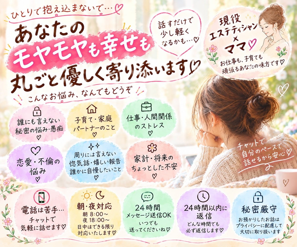 吐き出したい気持ち、チャットで寄り添います 現役エステティシャン＆ママが優しく受け止めます イメージ1