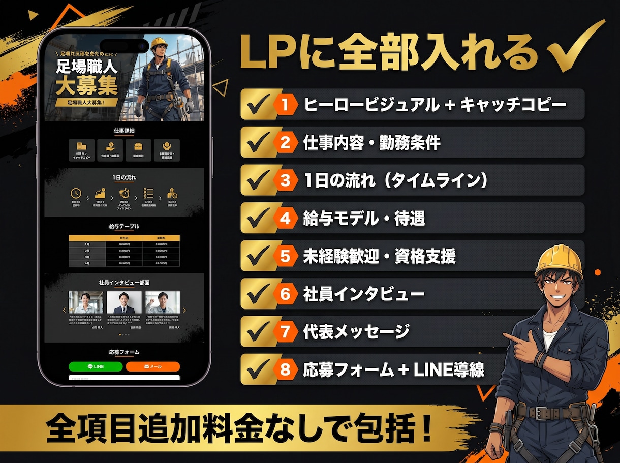 足場・鳶職専門の採用LPを制作します LINE対応・最短翌月・スマホ最適化・画像選定・丸ごとお任せ イメージ4