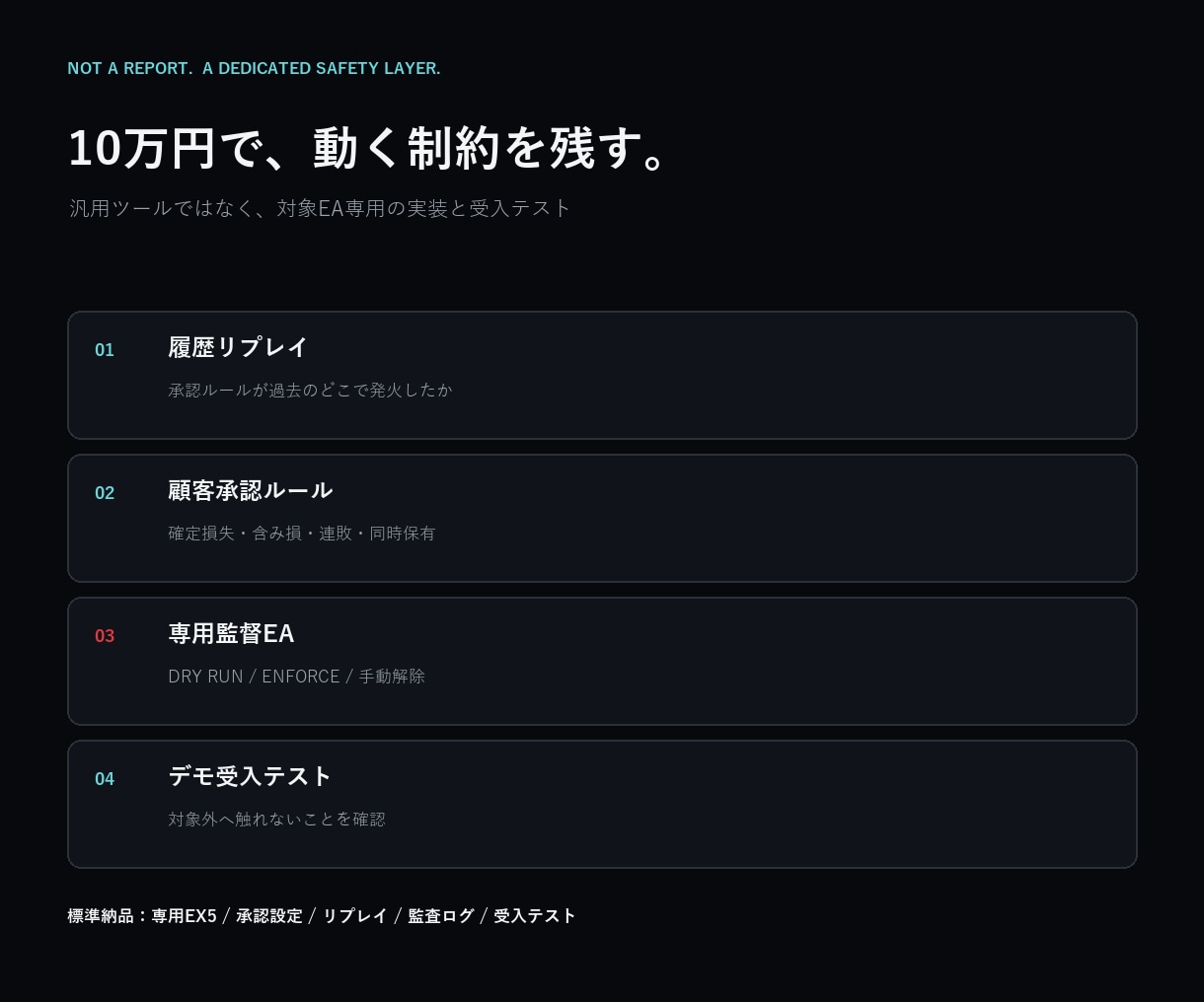 既存EA専用の損失ガードをMT5へ実装します 承認した制約で対象EAだけを監督・隔離 イメージ2