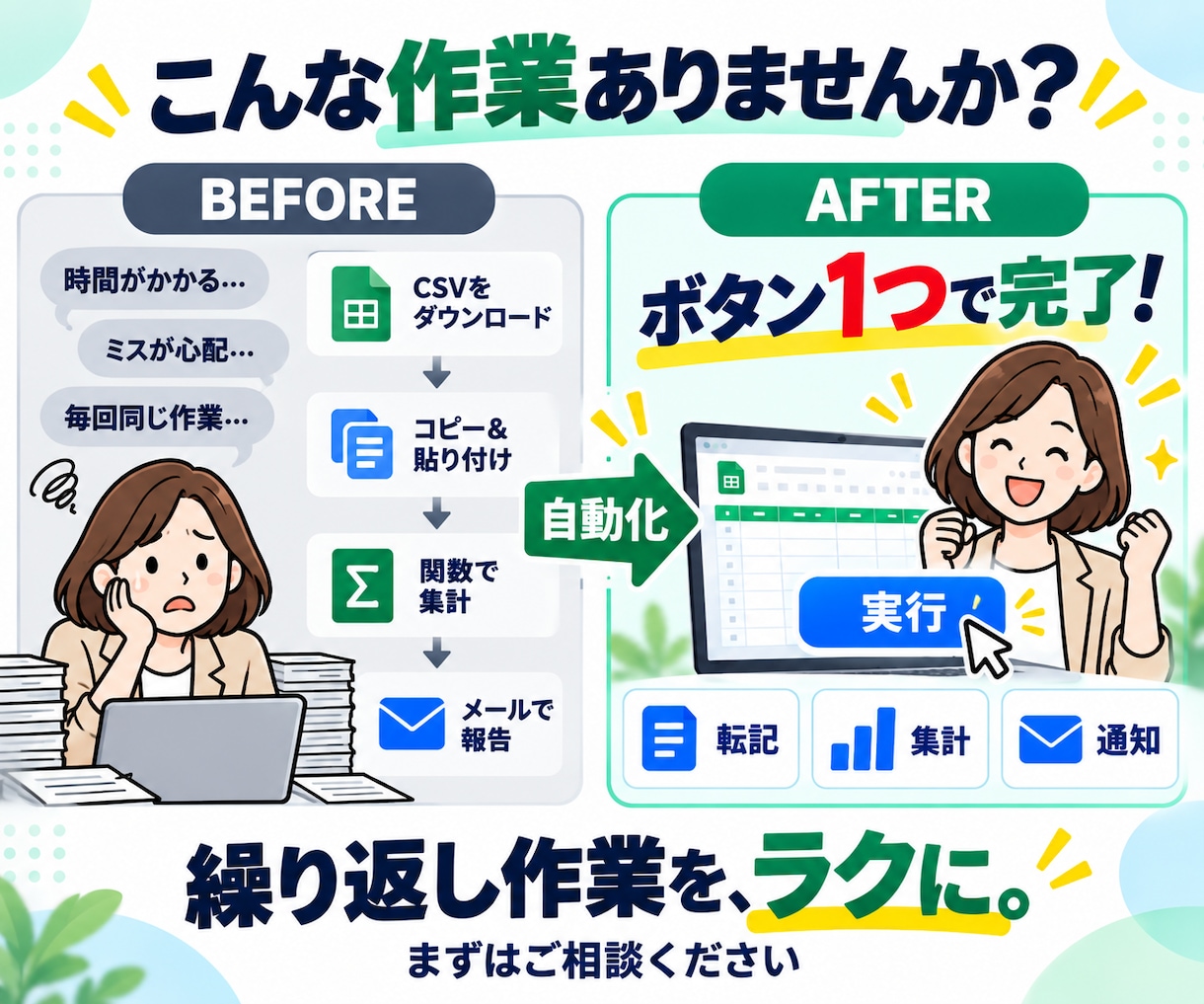 スプレッドシート業務をGASで自動化します 面倒な転記・集計・通知を仕組み化します イメージ2